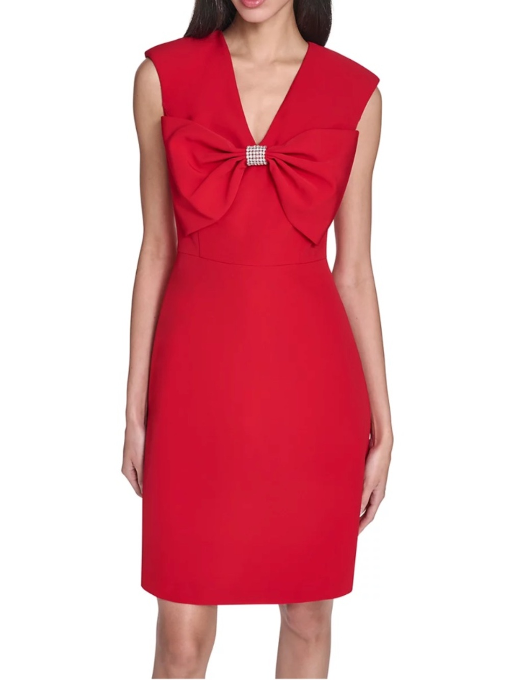 Eliza J Women's V-Neck Red Dress with Rhinestone Bow Detail Size: 6